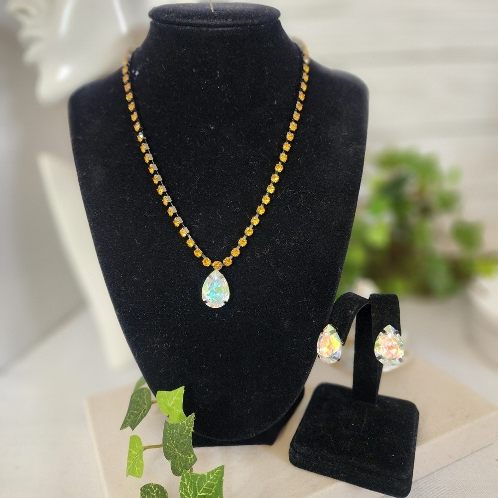 Silver Gunmetal Necklace with AB Crystal Teadrop and Matching Earrings Set